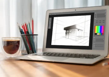 Curso de SketchUp para Arquitetura ensina modelagem 3D e técnicas para desenvolver projetos; formação oferece mais de 30 conteúdos online! 5 Notebook sobre mesa de trabalho exibe projeto arquitetônico em 3D, ao lado de lápis e café, ilustrando o curso de SketchUp para Arquitetura da Bizu.