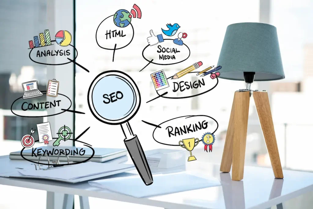 Ilustração sobre técnicas de SEO com lupa, análise de dados, palavras-chave, produção de conteúdo, redes sociais e posicionamento nos buscadores.
