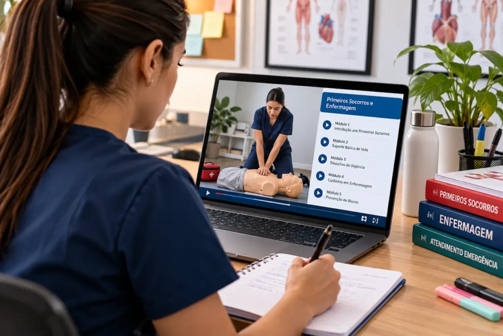Estudante de enfermagem acompanha curso online de primeiros socorros pelo notebook, com videoaula sobre reanimação cardiopulmonar.