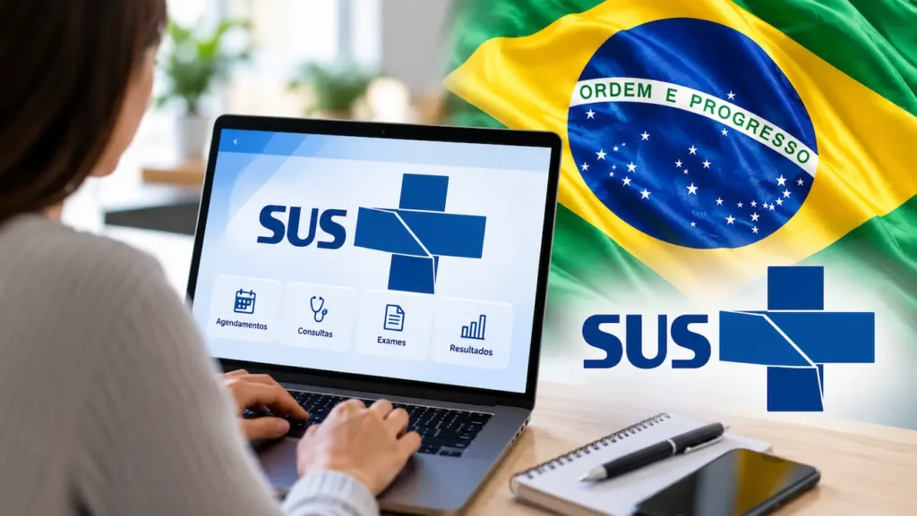 Mulher utilizando notebook com símbolo do SUS, representando o curso online de Saúde Pública no Brasil e o SUS da plataforma Bizu.