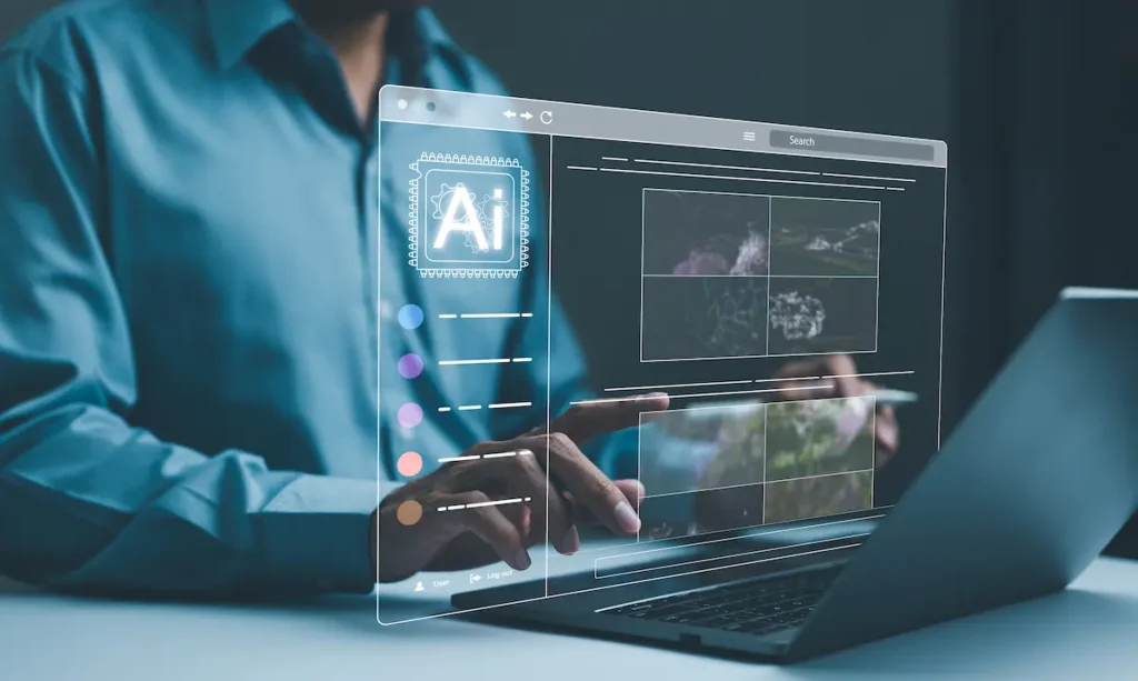 Pessoa utilizando um notebook com uma interface gráfica sobreposta que representa ferramentas de inteligência artificial para imagens.
