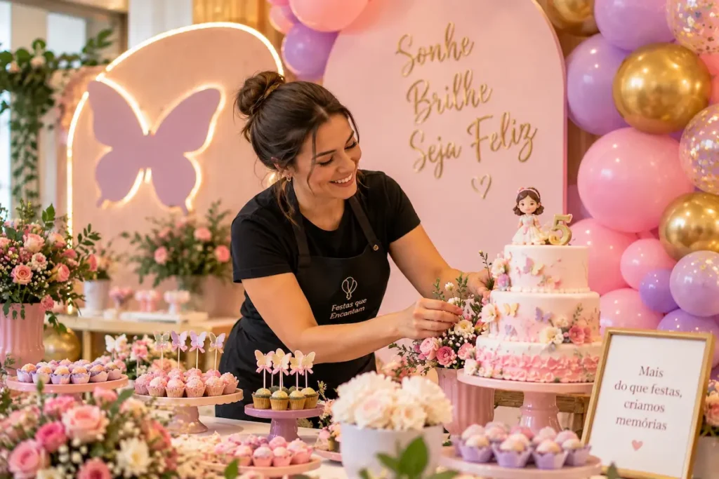 Mulher organiza a decoração de uma festa infantil feminina, com balões rosa, lilás e dourados, bolo temático, flores e mesa de doces.